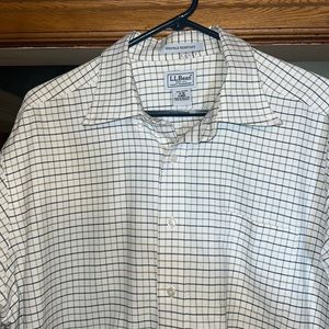 L.L. Bean, Olive green checked dress shirt. Size 17-36, 100% cotton.